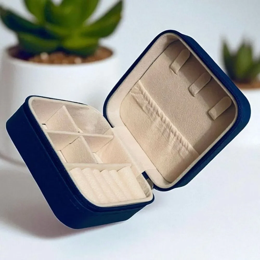 NWT Jewelry Box Case Blue Pu Leather Jewelry Organizer Earrings Bracelets Rings